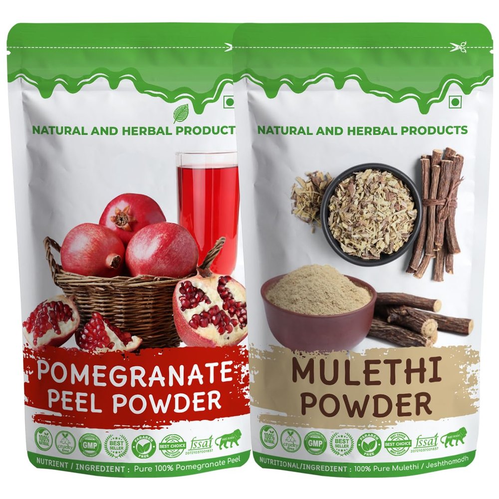 100% Organic Mulethi & Pomegranate Powder For Skin Care & Hair Care, Liquorice Powder For Skin Whitening For Face, Yashtimadhu Powder Organic, Jeshthamadh, Pomegranate Peel Powder For Eating Edible