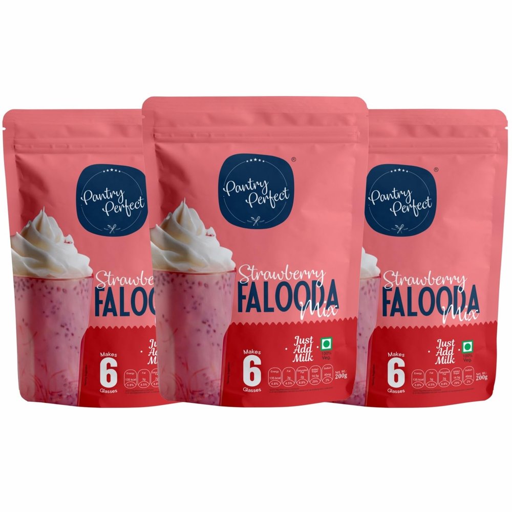 Pantry Perfect Strawberry Falooda Mix - Pack of 3 (Each 200g) I Premium I Instant Falooda Mix | Rich, Smooth & Creamy Texture | Delicious & Refreshing Taste | Ready to Eat