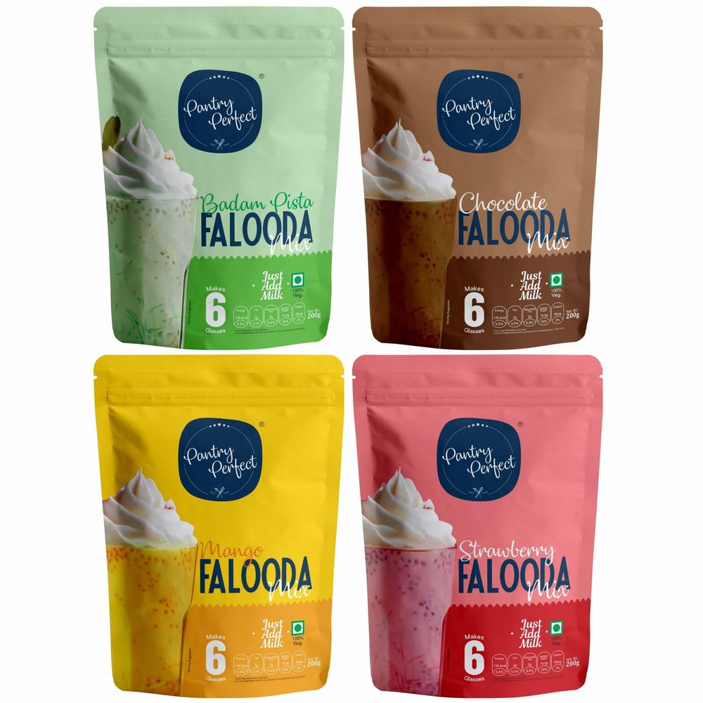 Pantry Perfect Badam Pista, Chocolate, Mango & Strawberry Falooda Mix - Pack of 4 (Each 200g) I Premium I Instant Falooda Mix | Rich, Smooth & Creamy Texture | Delicious & Refreshing Taste | Ready to Eat