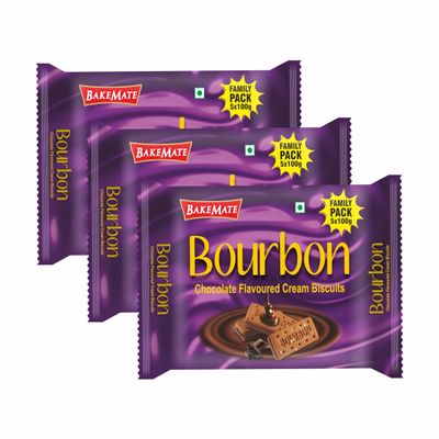 BakeMate Bourbon Chocolate Flavoured Cream Biscuits - Pack of 3 | Bourbon Biscuits Family Pack | Chocolate Sandwich Biscuit | Crunchy Tea Time Snack for Chocolates Lovers | Biscuit for Kids & Adults