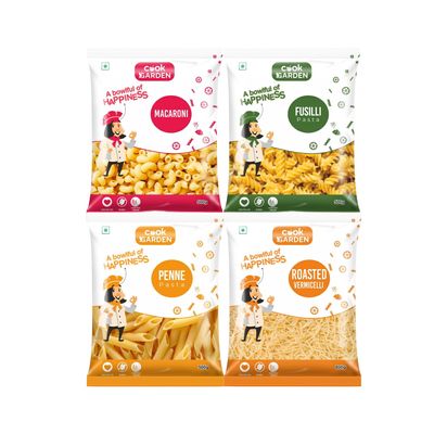 Cook Garden Penne pasta, Fusilli pasta,Macaroni And Roasted Vermicelli | High in Protein | No Maida | No Preservatives | 100% Durum Wheat Semolina pasta |500g_Pack of 4