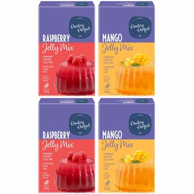 Pantry Perfect Raspberry & Mango Jelly Mix - Pack of 4 (Each 100g) I Instant Jelly Mix I No Gelatin I Easy to Prepare I Used for Desserts, Beverages