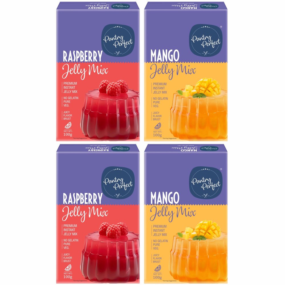 Pantry Perfect Raspberry & Mango Jelly Mix - Pack of 4 (Each 100g) I Instant Jelly Mix I No Gelatin I Easy to Prepare I Used for Desserts, Beverages