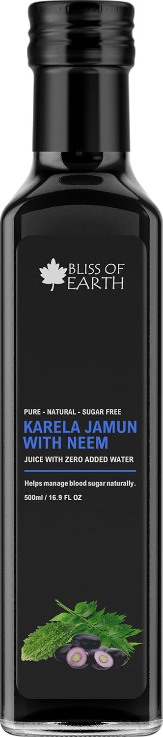 Bliss of Earth Karela Jamun Juice With Neem For Sugar Control, Natural Boold Sugar Support & Detox, Zero Sugar, Zero Water, 500ml PET Bottle