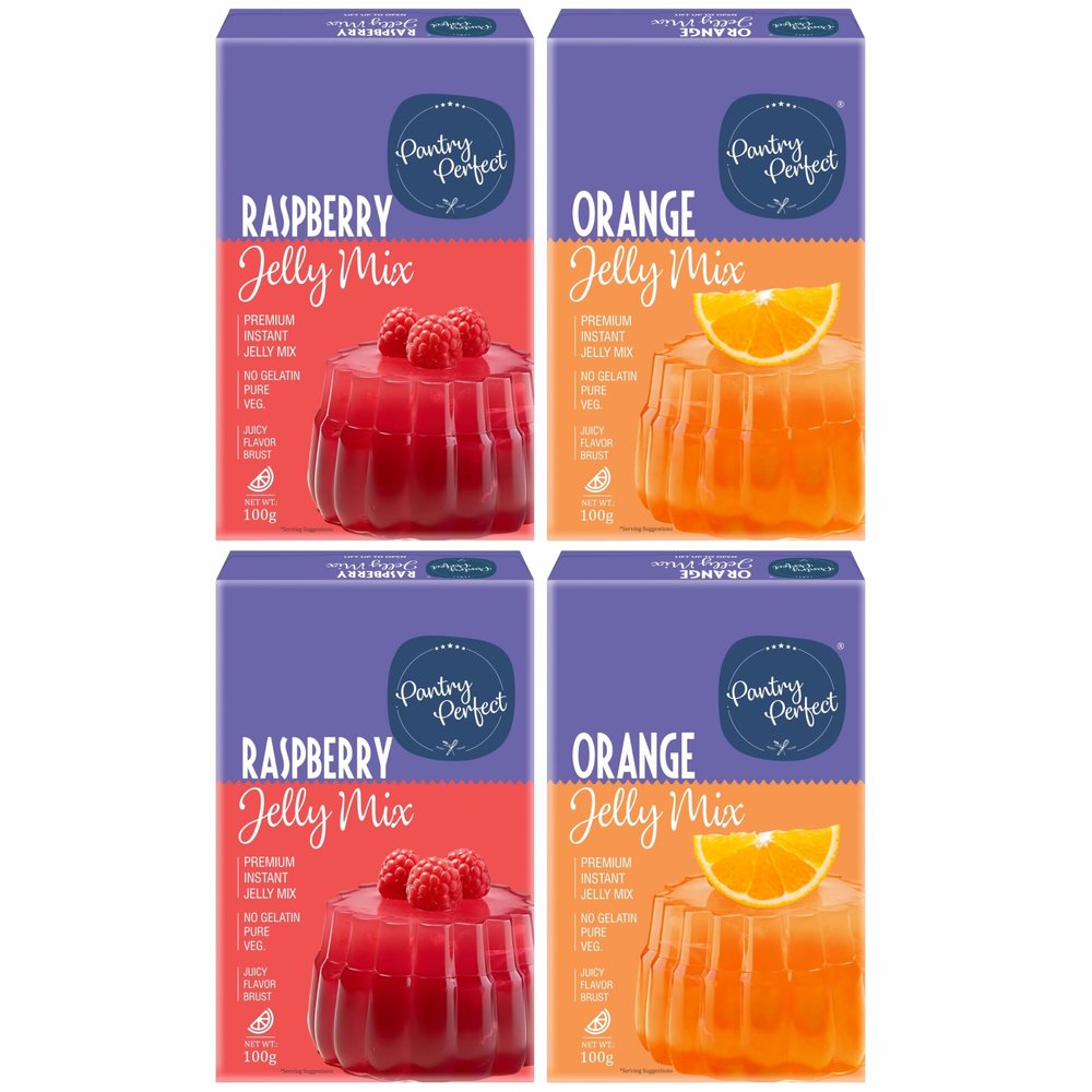 Pantry Perfect Raspberry & Orange Jelly Mix - Pack of 4 (Each 100g) I Instant Jelly Mix I No Gelatin I Easy to Prepare I Used for Desserts, Beverages