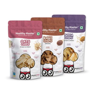 Healthy Master Chips Combo (Oats Chips, Soya Chips, Ragi Chips) | Light & Crispy Chips, high protein | Natural ingredients, Vegan, Gluten Free, No Palm Oil, No Artificial Preservatives, Trans Fat Free, Low Calorie | 300g - Pack of 3 (100g each)