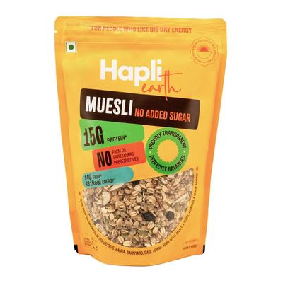 Hapli Earth No Added Sugar Muesli | 400g | No Added Sugar | No Preservatives | High Protein | No Artificial Sweetener | Quick Balanced Breakfast - Pack of 1