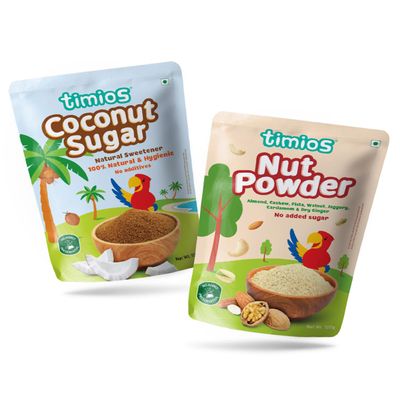 Timios Natural Coconut Sugar & Organic Nut Powder Sweetened With Jaggery (Pack of 2) - 100g Each