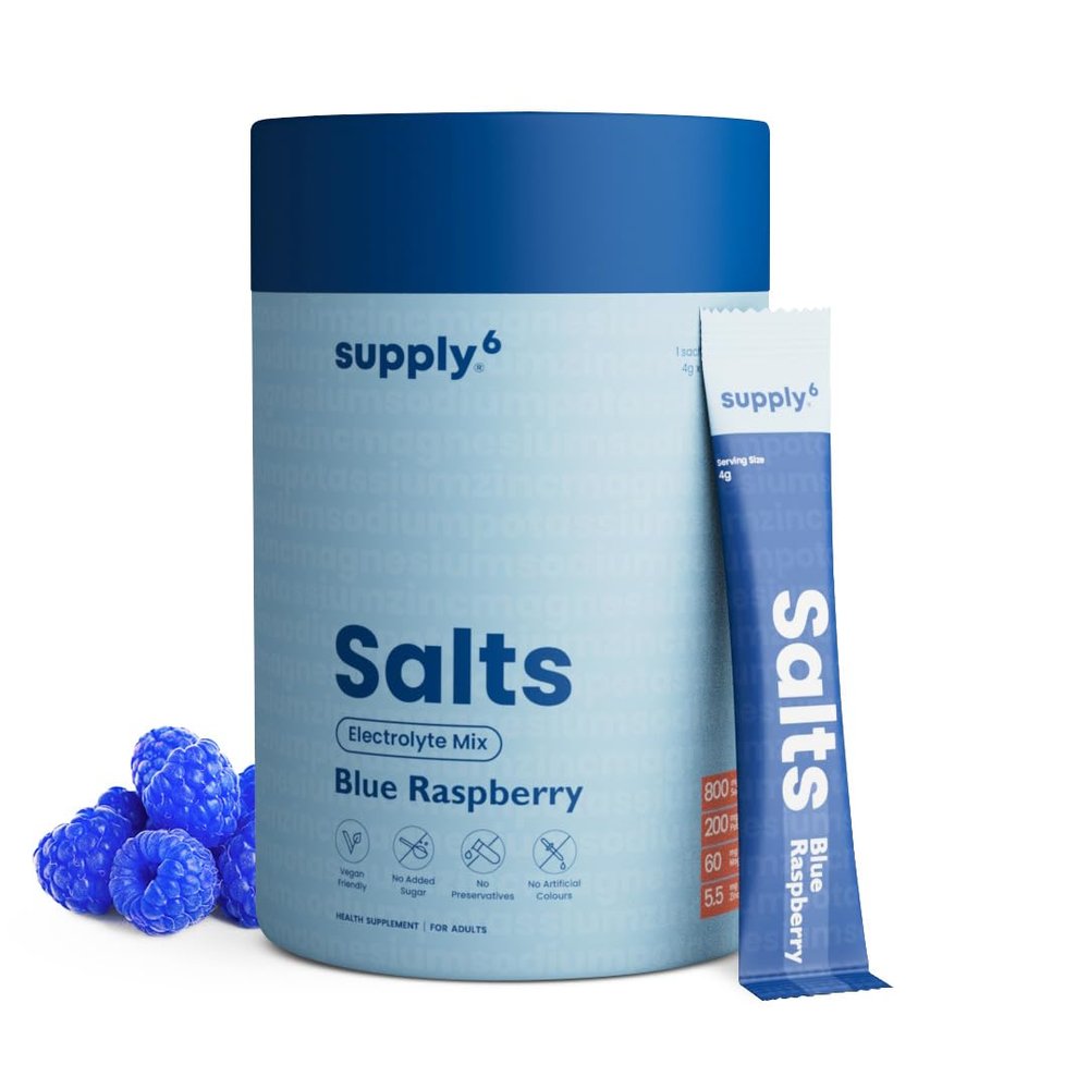 Supply6 Salts | Electrolyte Mix | Zero Added Sugar | Sodium, Potassium, Magnesium, Zinc & Fiber | Keto Friendly, Vegan Friendly, No Preservatives (18 Servings, Blue Raspberry)