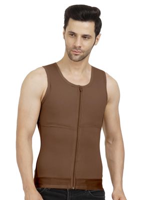 Dermapress GYNECOMASTIA Compression Full Vest | MICROPOLY Fabric | Front Hook and Zip Closer | Tomboy Chest Binder | Chest and Abdomen Support | Chest Shapewear (Brown, XXL)