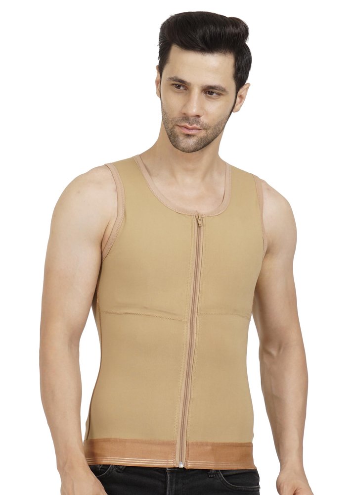 Dermapress GYNECOMASTIA Compression Full Vest | MICROPOLY Fabric | Front Hook and Zip Closer | Tomboy Chest Binder | Chest and Abdomen Support | Chest Shapewear (Beige, 4XL)