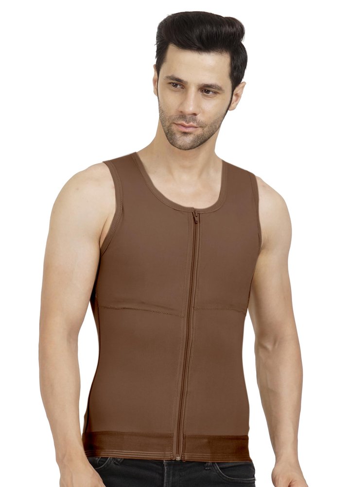 Dermapress GYNECOMASTIA Compression Full Vest | MICROPOLY Fabric | Front Hook and Zip Closer | Tomboy Chest Binder | Chest and Abdomen Support | Chest Shapewear (Brown, L)