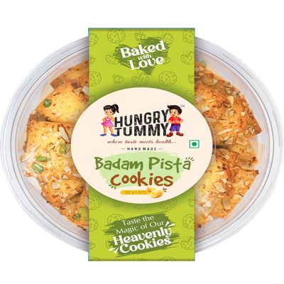 HUNGRY TUMMY Badam Pista Cookies (250g) - Made with Butter | Delicious Almond & Pista Pistachio Biscuits, High Protein Snack, Perfect for Tea Time & Night Munching