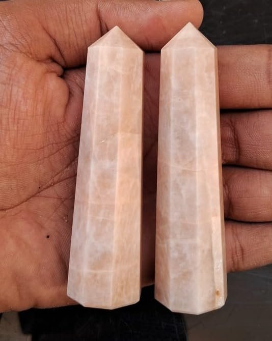 2Pcs Set Peach Moonstone Tower, Peach Moonstone Point, Peach Moonstone Wand, Crystal Tower, Crystal Obelisk, Crystal Point 3-4inche