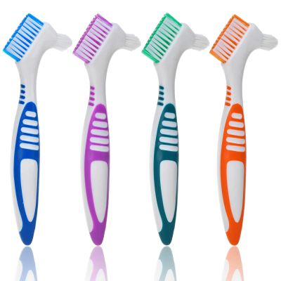 Denture Brush ( 4 Pack ) Double Sided Multi-Layered Bristles Ergonomic Rubber Anti-Slip Handle Denture Toothbrush Retainers Denture Cleaning Care Brush False Teeth Cleaning Brush Asst Colors (4)