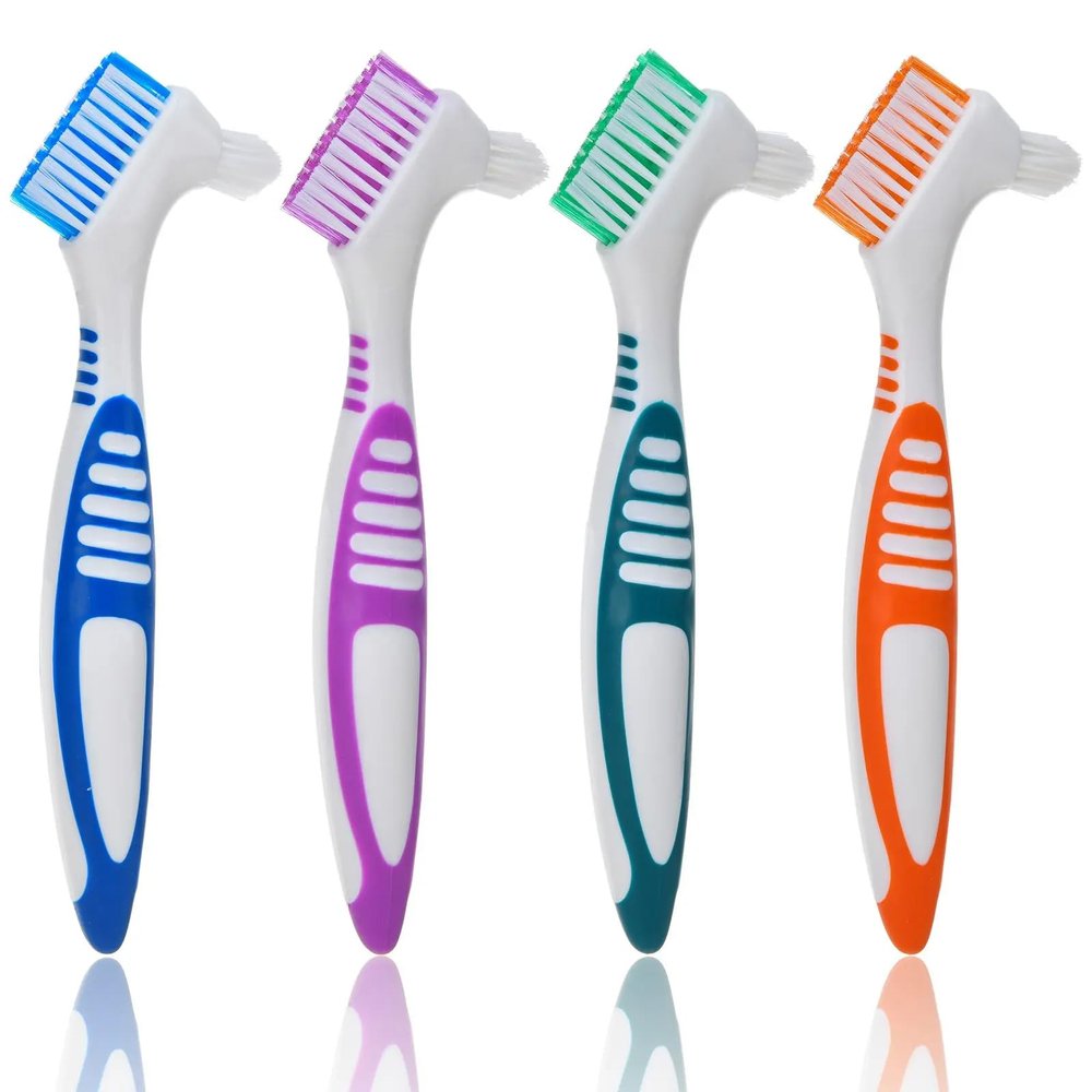 Denture Brush ( 4 Pack ) Double Sided Multi-Layered Bristles Ergonomic Rubber Anti-Slip Handle Denture Toothbrush Retainers Denture Cleaning Care Brush False Teeth Cleaning Brush Asst Colors (4)