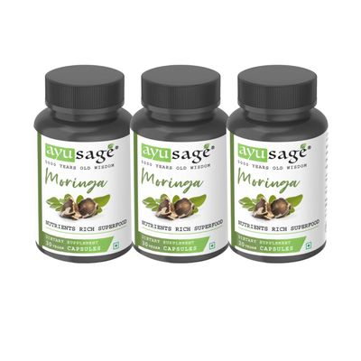 Ayusage Moringa (30 Capsules) 300 Grams | Drumstick Leaf Capsules | Pure and Natural rich Superfood (Pack of - 3)