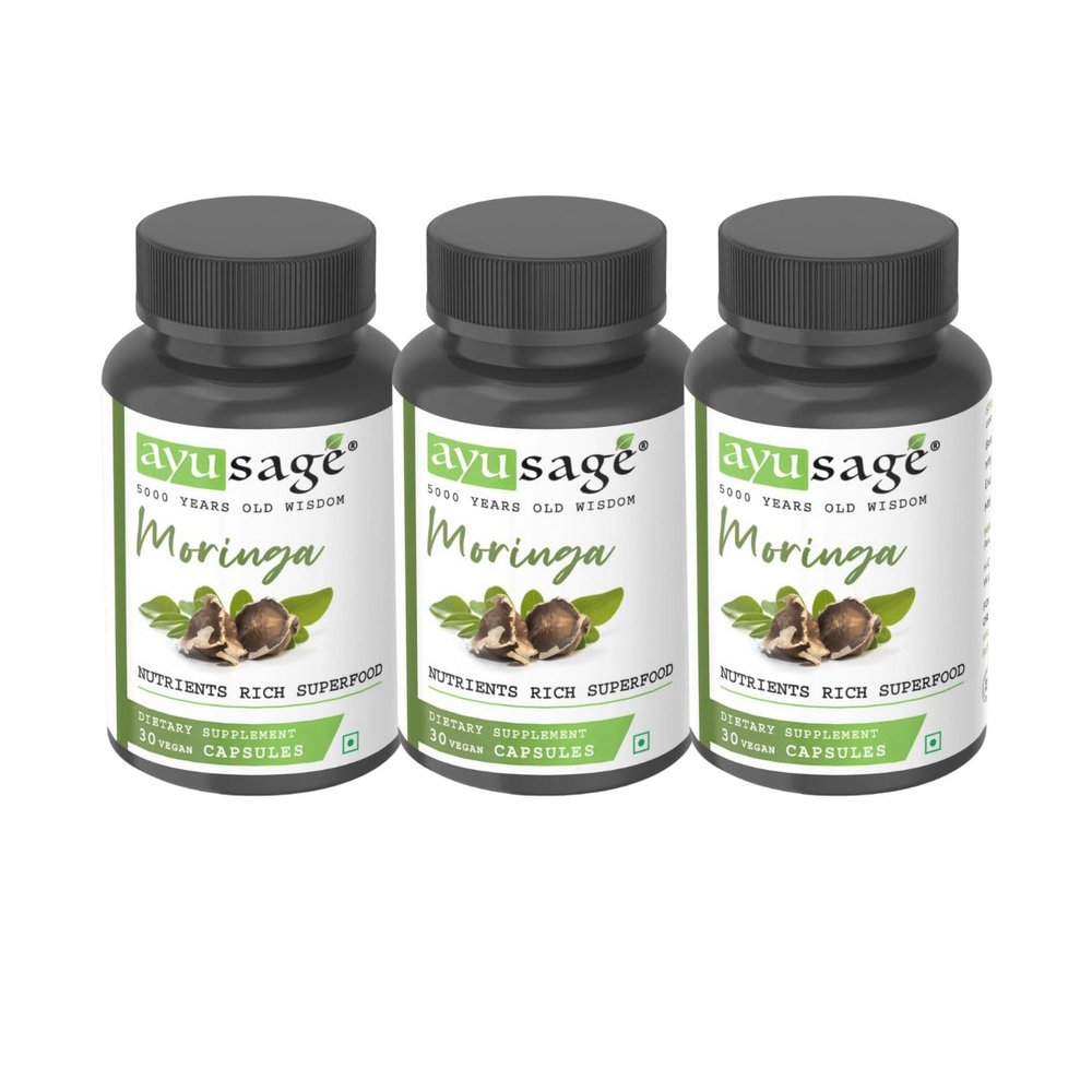 Ayusage Moringa (30 Capsules) 300 Grams | Drumstick Leaf Capsules | Pure and Natural rich Superfood (Pack of - 3)