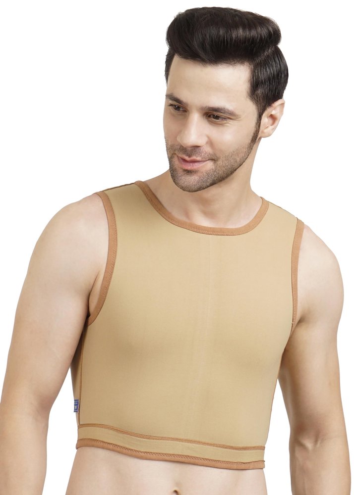 Dermapress Gynecomastia Short Vest || MICROPOLY FABRIC || Velcro Closure || Chest Shapewear || Comfortable Support for Men || Tomboy Chest Binder || (Beige, Back Velcro M)