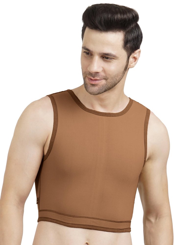 Dermapress Gynecomastia Short Vest || MICROPOLY FABRIC || Velcro Closure || Chest Shapewear || Comfortable Support for Men || Tomboy Chest Binder || (Brown, Back Velcro L)