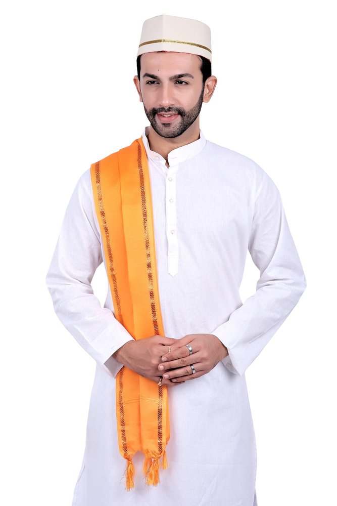 PRIYAKANT SAFAWALA Handstitch Ready to Wear Topi with Uparna Set for Wedding, Pooja, Diwali & Traditional Function Use It, [Off White Lace Topi with Orange Zari Uparna] (Free Size)