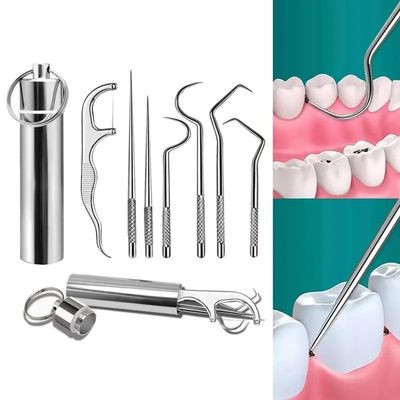 Dental Teeth Tools Kit | 7 in 1 Stainless Steel Teeth Cleaning Tool Kit | Portable Toothpicks Pocket Set | Dental Hygiene Kit Toothpicks Flosser for Outdoor Picnic Camping Traveling
