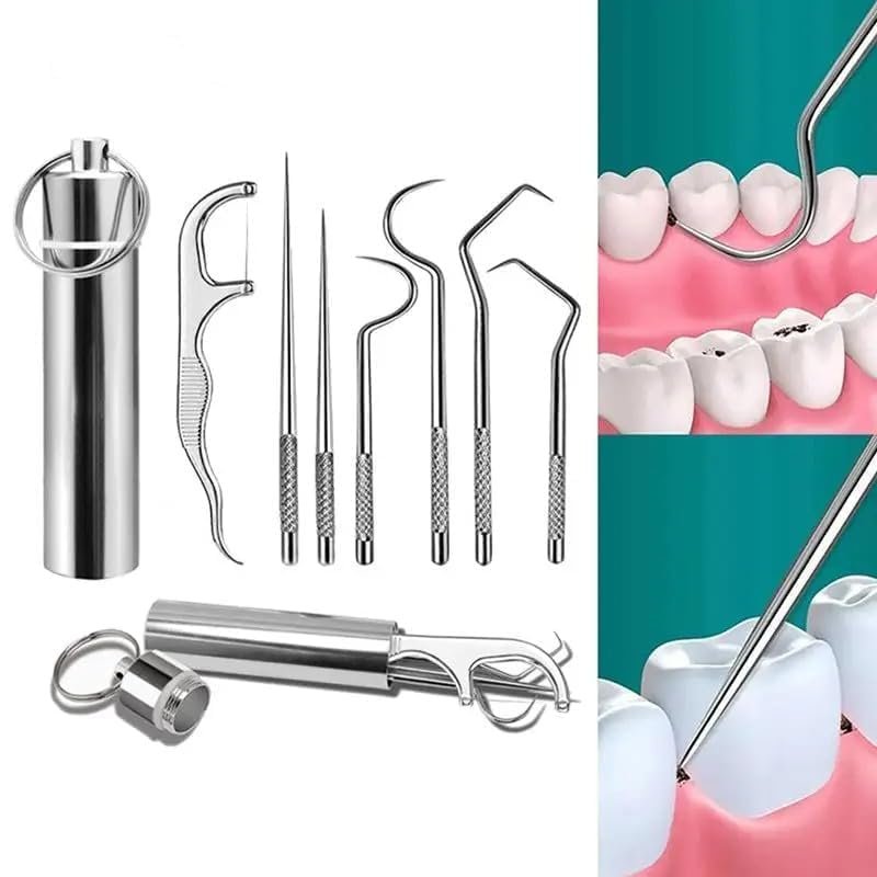 Dental Teeth Tools Kit | 7 in 1 Stainless Steel Teeth Cleaning Tool Kit | Portable Toothpicks Pocket Set | Dental Hygiene Kit Toothpicks Flosser for Outdoor Picnic Camping Traveling