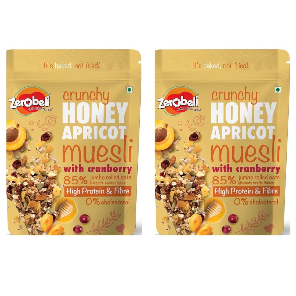 Zerobeli Crunchy Honey Apricot Muesli with Cranberry 400g (pack of 2)| Wholegrain Blend with Apricots, Cranberry, Almonds, Pumpkin Seeds, Flax Seeds and Sunflower Seeds | Multigrain Breakfast Cereal
