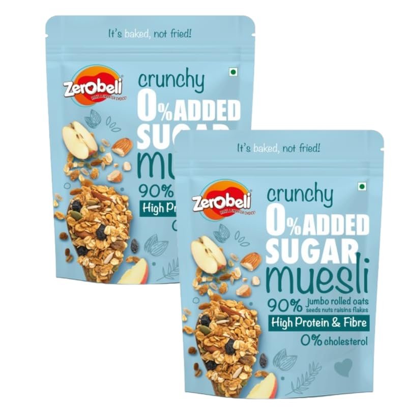 Zerobeli Crunchy 0% Added Sugar Muesli 425g (pack of 2) | 90% Wholegrains Rich in Flax Seeds, Sunflower Seeds and Raisins | Multigrain Breakfast Cereal | Diabetic Friendly and Helps in Manage Weight