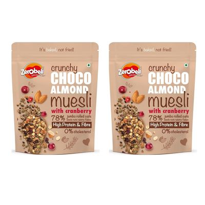 Zerobeli Dark Chocolate Almond Muesli 425g (pack of 2) Cereals for breakfast rich in Multigrain, protein, fibre Almonds, Pumpkin Seeds and Cranberry|100% Wholegrain | Rich in Antioxidants