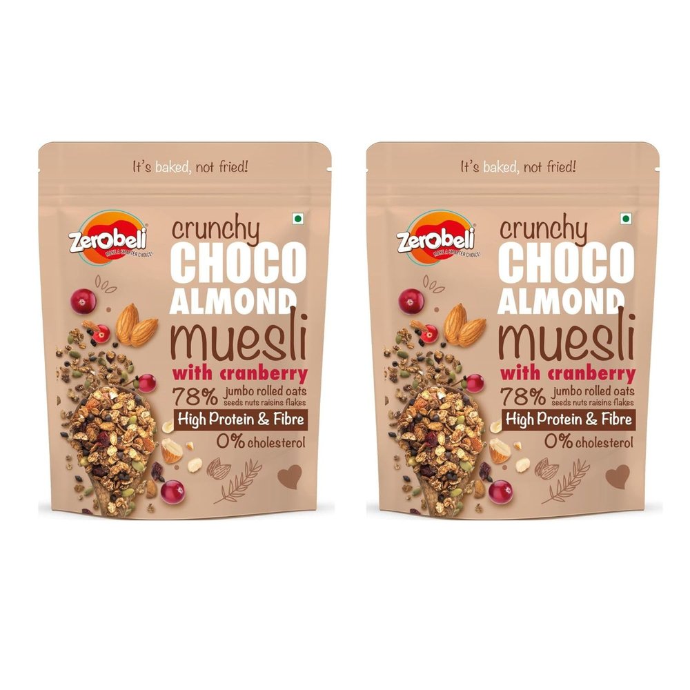 Zerobeli Dark Chocolate Almond Muesli 425g (pack of 2) Cereals for breakfast rich in Multigrain, protein, fibre Almonds, Pumpkin Seeds and Cranberry|100% Wholegrain | Rich in Antioxidants