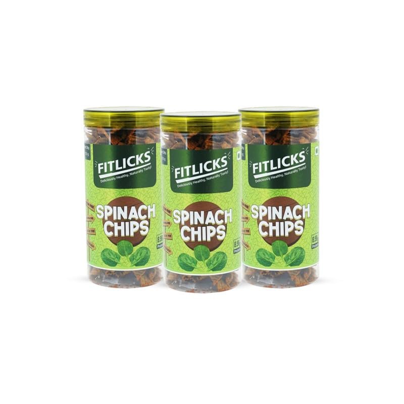 FITLICKS Baked Spinach Chips - 150g Each | Palak Chips | Rich in Fibre, Protein & Calcium | Low in Sodium | Natural Ingredients with No Palm Oil | Healthy Snack for Kids & Adults | Crunchy and Delicious (Pack of 3)