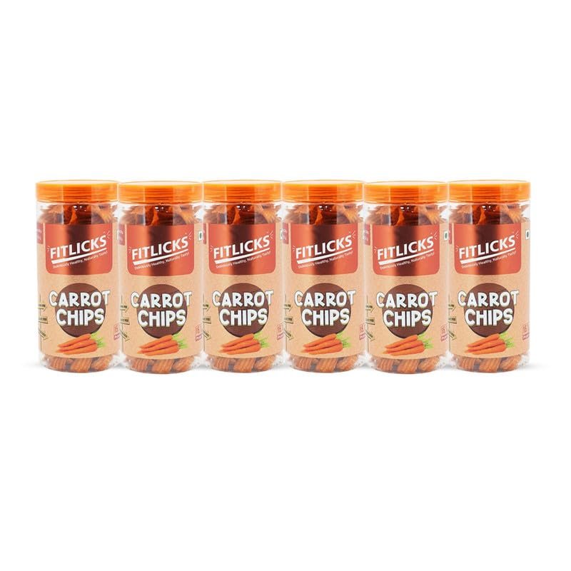 FITLICKS Backed Carrot Chips - 150g Each | Rich in Fibre & Protein | Gluten Free | No Additives or Preservatives | Healthy Snack for Kids & Adults | Natural ingredients With No Palm Oil (Pack of 6)