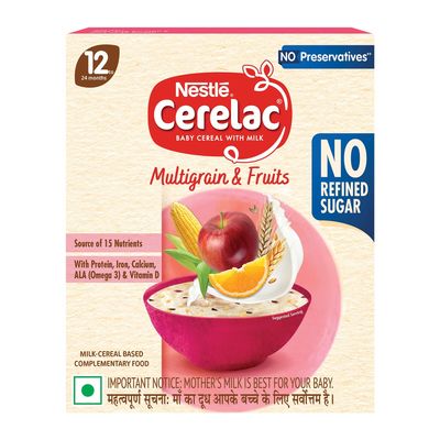 CERELAC Baby Food Cereal | No Refined Sugar | No Preservatives | Multigrain & Fruits for 12 to 24 Months Baby | Omega 3 Iron Protein Calcium Vitamin D for Babies | Instant Cereal | 300g