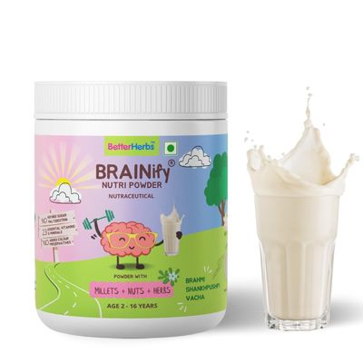 Better Herbs Brainify Vanilla Nutrition Drink Powder - 700g | Milk Mix for Kids | 2-16 Years | No Refined Sugar | 7 Herbs + Millets + Nuts | 23 Essential Vitamins & Minerals | Healthy Development