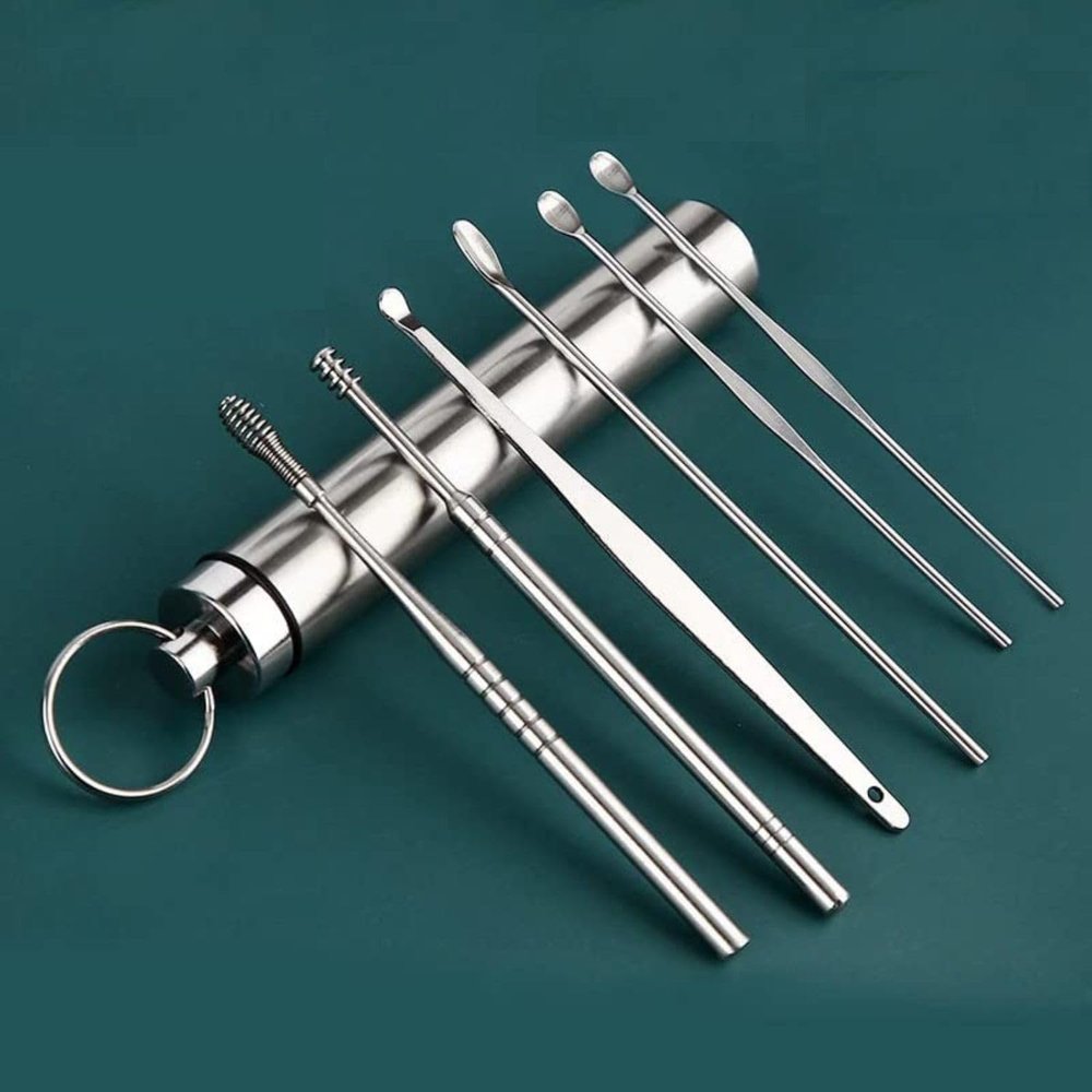 Stodern 6Pcs Ear Wax Cleaner Tool Kit - Resuable Ear Wax Removal Tools with Aluminum Tube for Traveling, Ear Cleansing Tool Set Spiral Ear Curette Tool with Cleaning Brush with Storage Tube