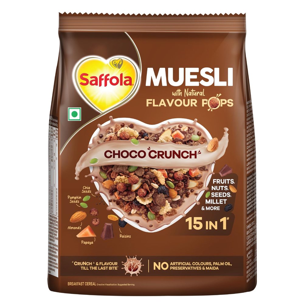 Saffola Muesli Choco Crunch with Flavour Pops, 185 gm | 15 in 1 Fruit and Nuts, Seeds, Millet & more | Cereals for breakfast rich in wholegrain, protein, fibre