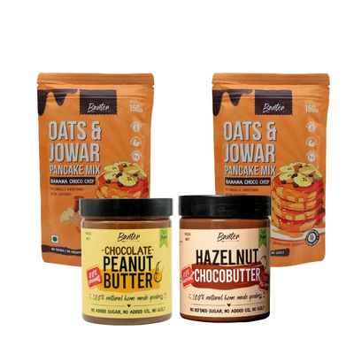 Choco Stacks and Spreads Combo Banana Choco Chip Pancake Mix, Chocolate Peanut Butter & Hazelnut Chocobutter | Protein-Rich, Guilt-Free Indulgence