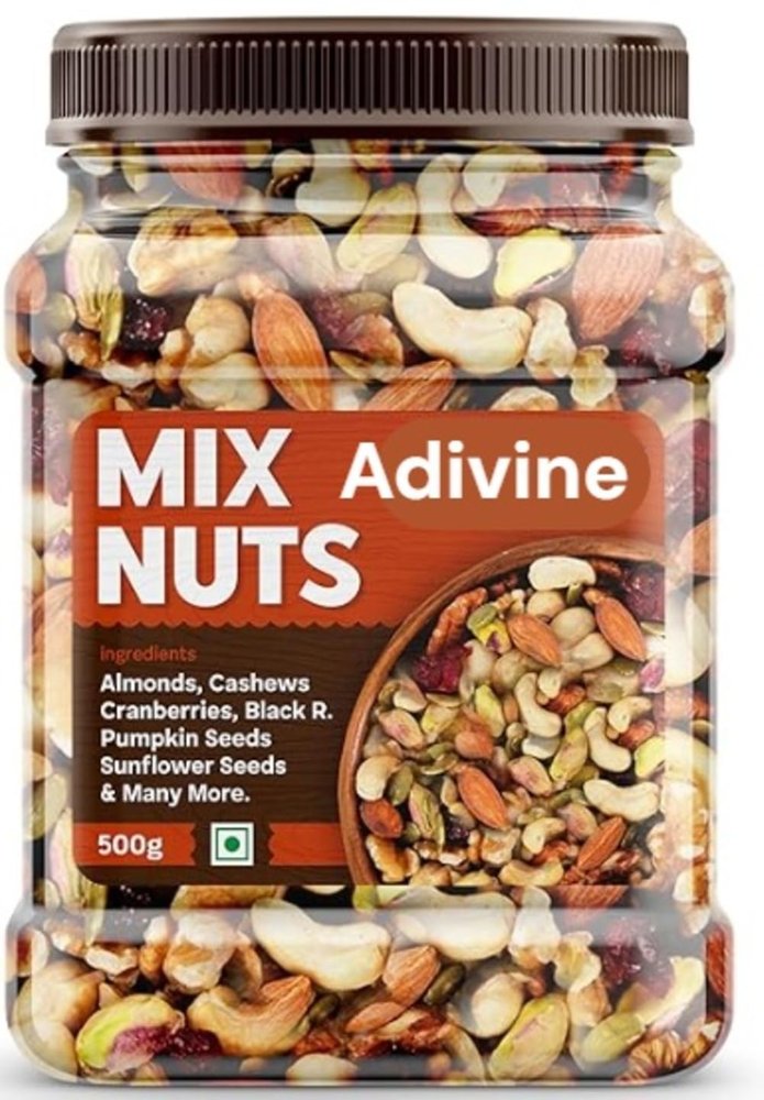 Adivine Healthy Nutmix 500g, Dried Almonds, Black Raisins, Cashewnuts, Makhana, Pistachios, Cranberries, Black Dates & Many More. (Pack of Jar)