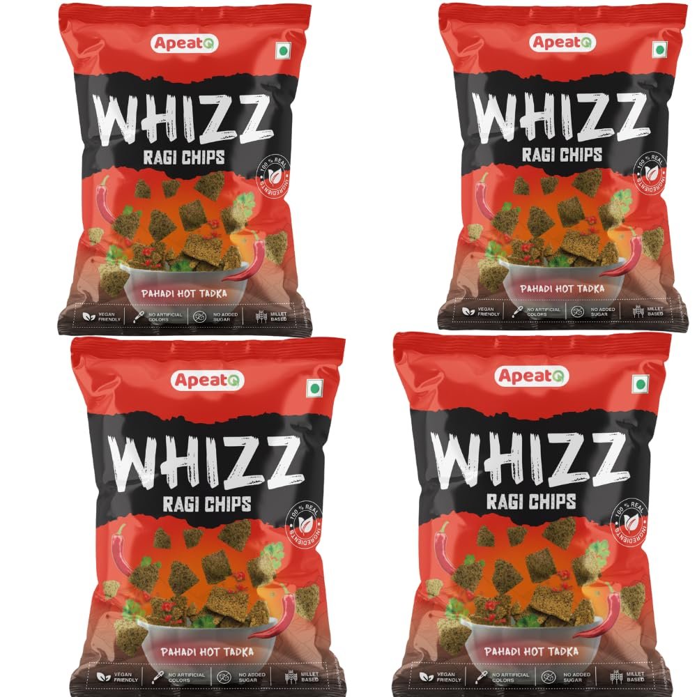 Apeato Whizz Ragi Chips, No Palm Oil, No Maida, Millet Goodness, Fibre Rich, Zero Cholestrol, Gluten Free. (Pack of 4, Pahadi Hot Tadka)