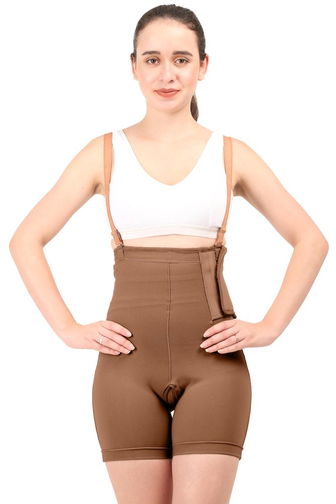 Dermapress HIGH Waisted Panty up to Mid-Thigh | Micropoly Fabric | Abdomen and Thighs Liposuction Recovery Garment | Shapewear | Tummy Tucker | Thigh-Sculpting Innovation | (Brown, L)