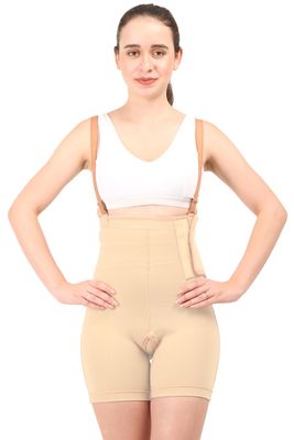 Dermapress HIGH Waisted Panty up to Mid-Thigh | Micropoly Fabric | Abdomen and Thighs Liposuction Recovery Garment | Shapewear | Tummy Tucker | Thigh-Sculpting Innovation | (Skin, S)