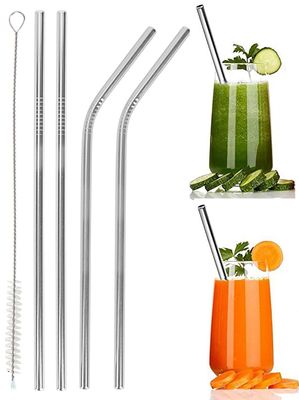4MYL Reusable Long Stainless Steel Straws with Cleaning Brush, Thick Metal Drinking Straws, BPA-Free Steel Straw Sipper, Perfect for Drinking Juice & Smoothies (2 Bent + 2 Straight +1 Brush)