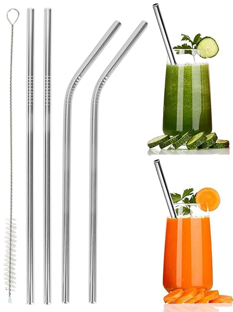 4MYL Reusable Long Stainless Steel Straws with Cleaning Brush, Thick Metal Drinking Straws, BPA-Free Steel Straw Sipper, Perfect for Drinking Juice & Smoothies (2 Bent + 2 Straight +1 Brush)