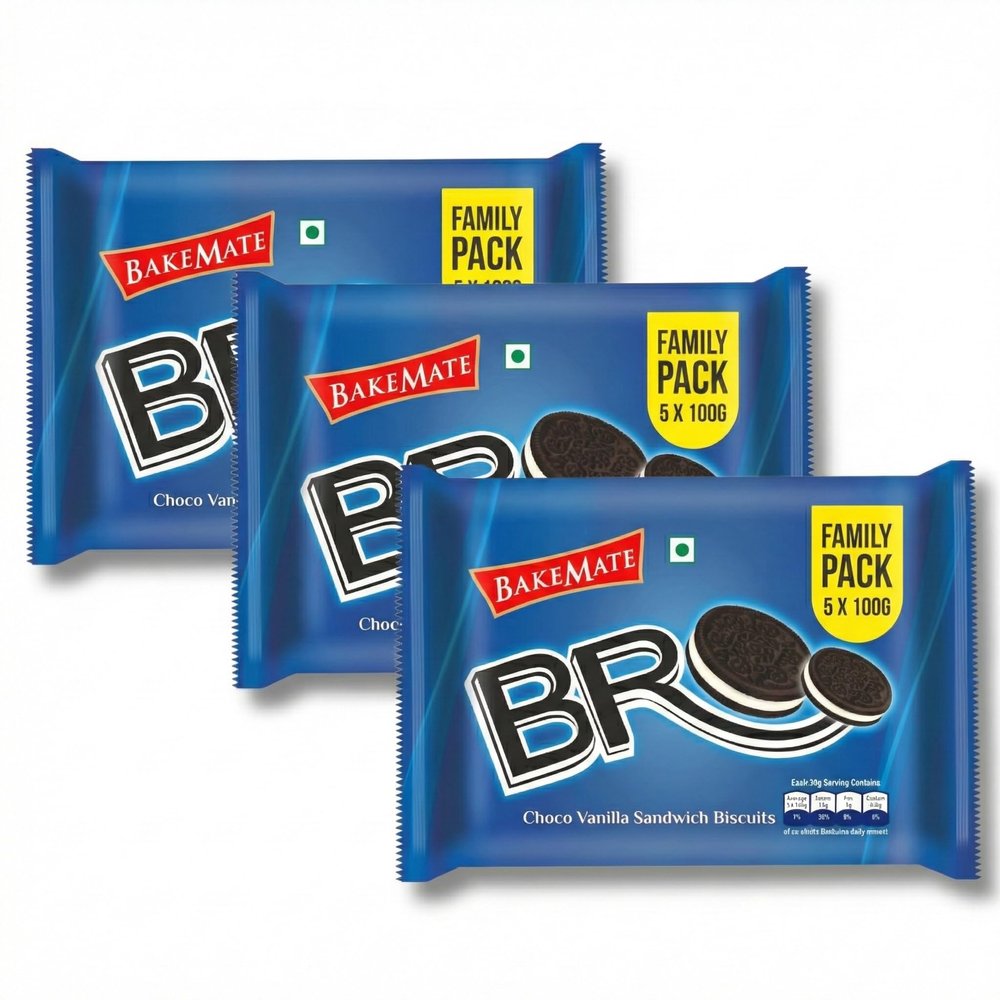 BakeMate BRO Choco Vanilla Sandwich Biscuits Family Pack - Combo Pack of 3 (500g Each) | Vanilla Cream Biscuit | Snack for Kids | Family Pack Sandwich Cream Biscuit | Tea Time Snack | Cookies Packs | Value Pack Biscuits