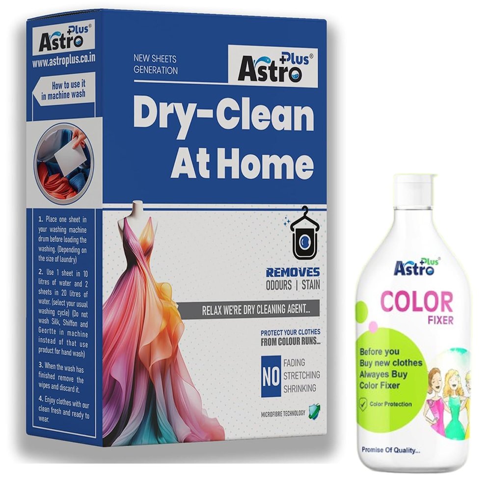 ASTRO PLUS+ Cloths Dry Clean at Home Liquid Wipes | Cleaning Technology for Silk Saree and Chiffon Cotton Georgette Linen and Woolen (10 Wipes) with Free Color Fixer (500 ml)