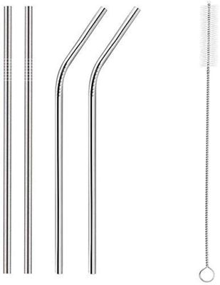Feinerman Reusable Stainless Steel Straw Set with Cleaning Brush, BPA-Free Long Steel Straw Sipper for Kids & Adults, Thick Bent Metal Drinking Straws for Drinks (2 Bent + 2 Straight +1 Brush)