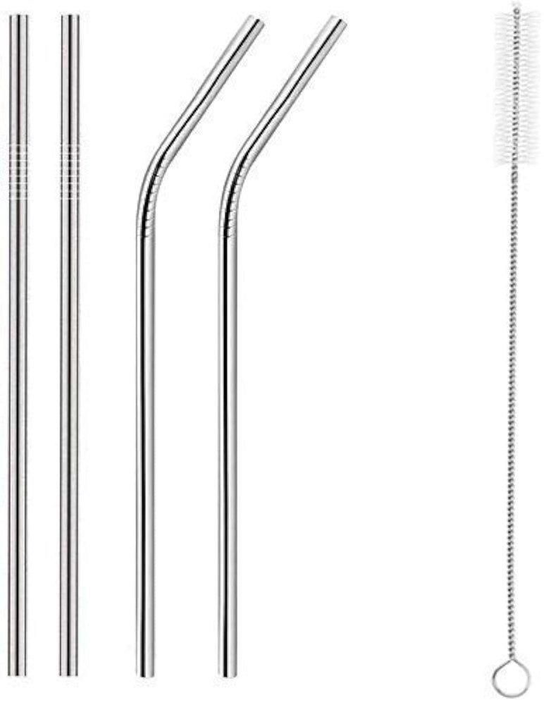 Feinerman Reusable Stainless Steel Straw Set with Cleaning Brush, BPA-Free Long Steel Straw Sipper for Kids & Adults, Thick Bent Metal Drinking Straws for Drinks (2 Bent + 2 Straight +1 Brush)
