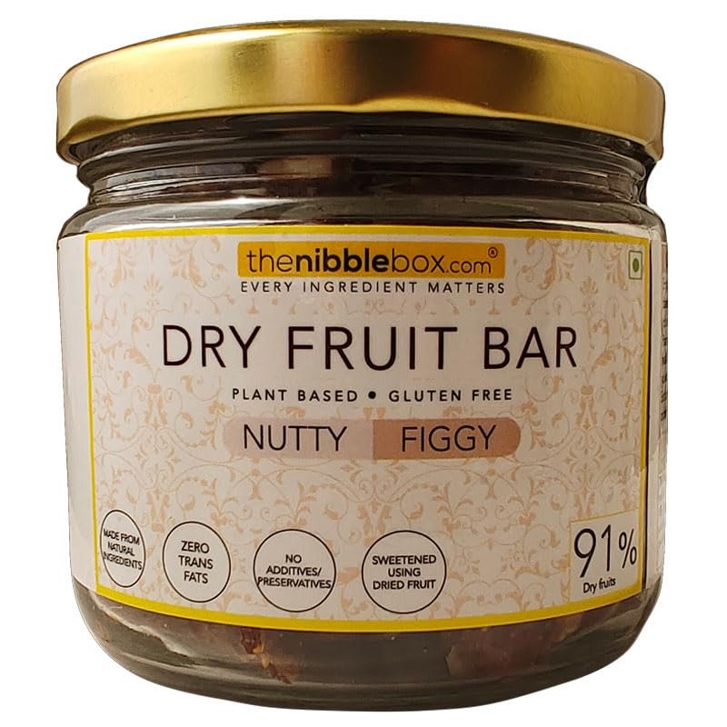 thenibblebox Nutty - Figgy (Dry fruit bars/Vegan mithai) 200g Jar [91% dry fruits by weight, gluten free, plant based, no preservatives/additives, zero trans fats]