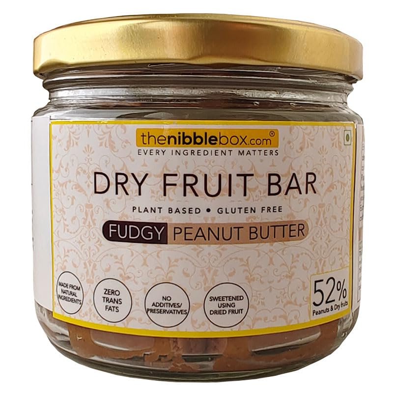 thenibblebox Fudgy - Peanut Butter (Dry fruit bars/Vegan mithai) 200g Jar [52% dry fruits, protein rich, gluten free, plant based, no preservatives/additive.s, zero trans fats]
